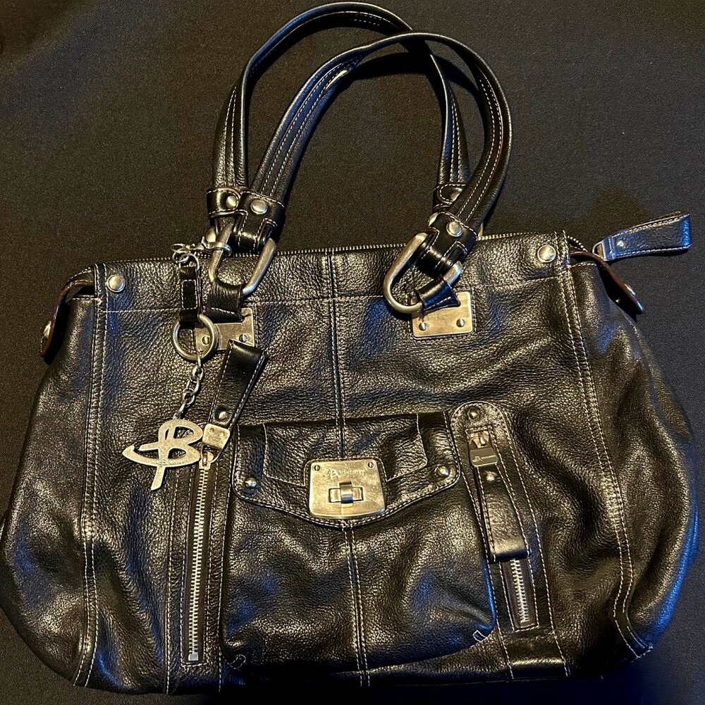 B. Makowsky Black Leather Shoulder Bag with Leopard Print Interior